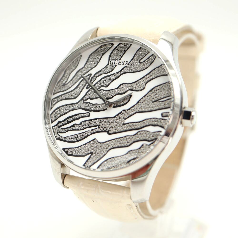 Guess Glitter Zebra Jumbo 44mm Silver Tone Watch White Leather w New Battery